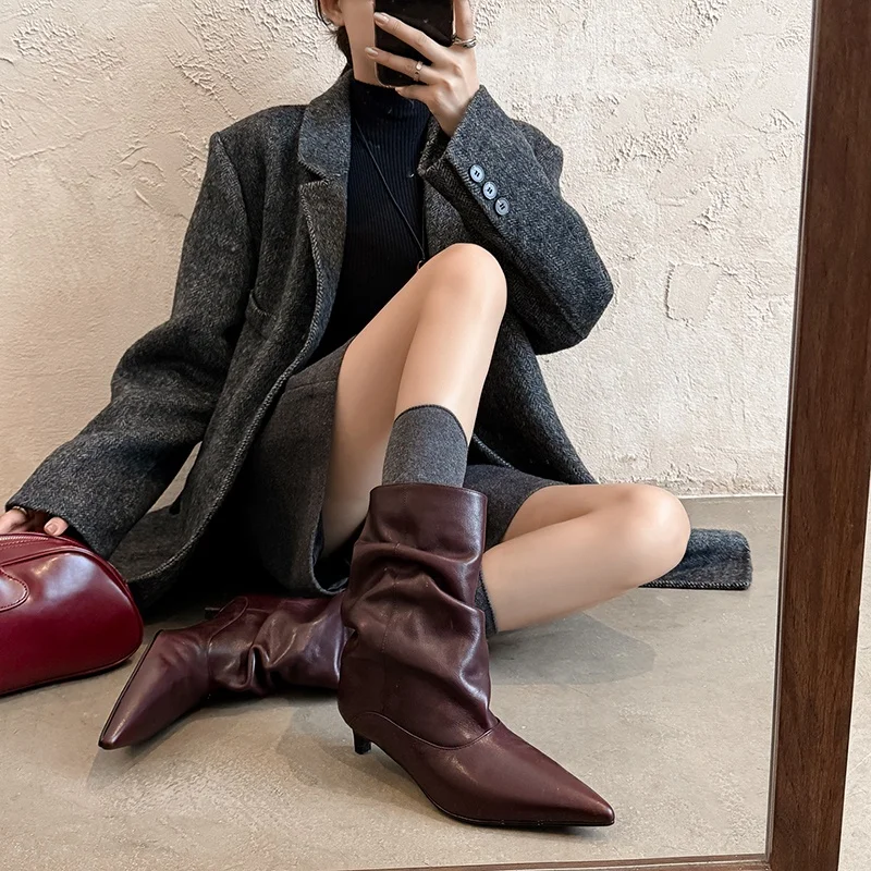 Winter 2027 Fashion Genuine Leather Pleated Short Boots Pointy Toe Med Kitten Heels Young Lady Modern Woman Ankle Boots Dress - view 3
