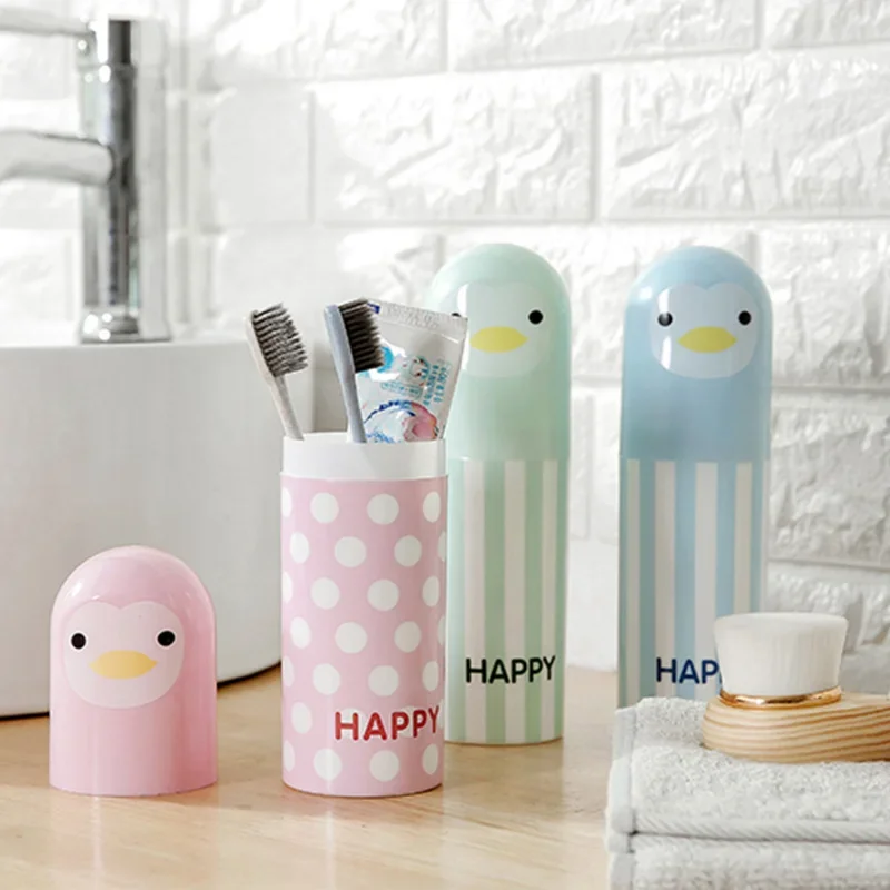 1pc Cute Penguin Plastic Cartoon Toothbrush Box Portable Travel Toothbrush Holder Sanitary Ware Suit Toothpaste Storage Box