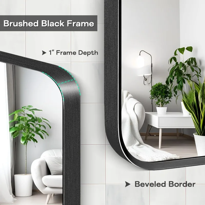 Wall Mount Mirror for Bathroom, Brushed Black Metal Framed Rounded Corner Rectangular Vanity Mirror (24