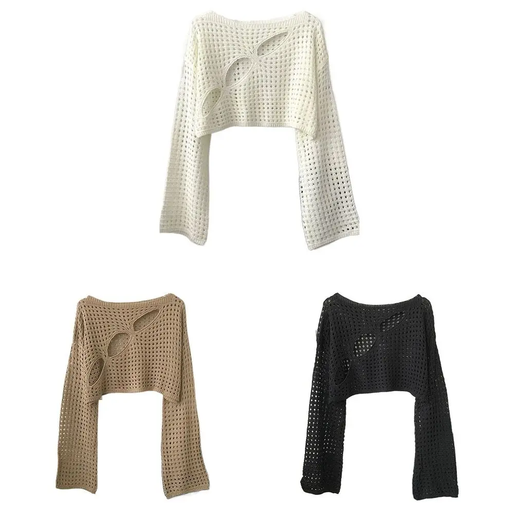 High Street Sweater Long Sleeve Hollowed Out Smock Loose Pullover Solid Cropped Tops Y2K Knitted Hollow Out Knit Tops Party
