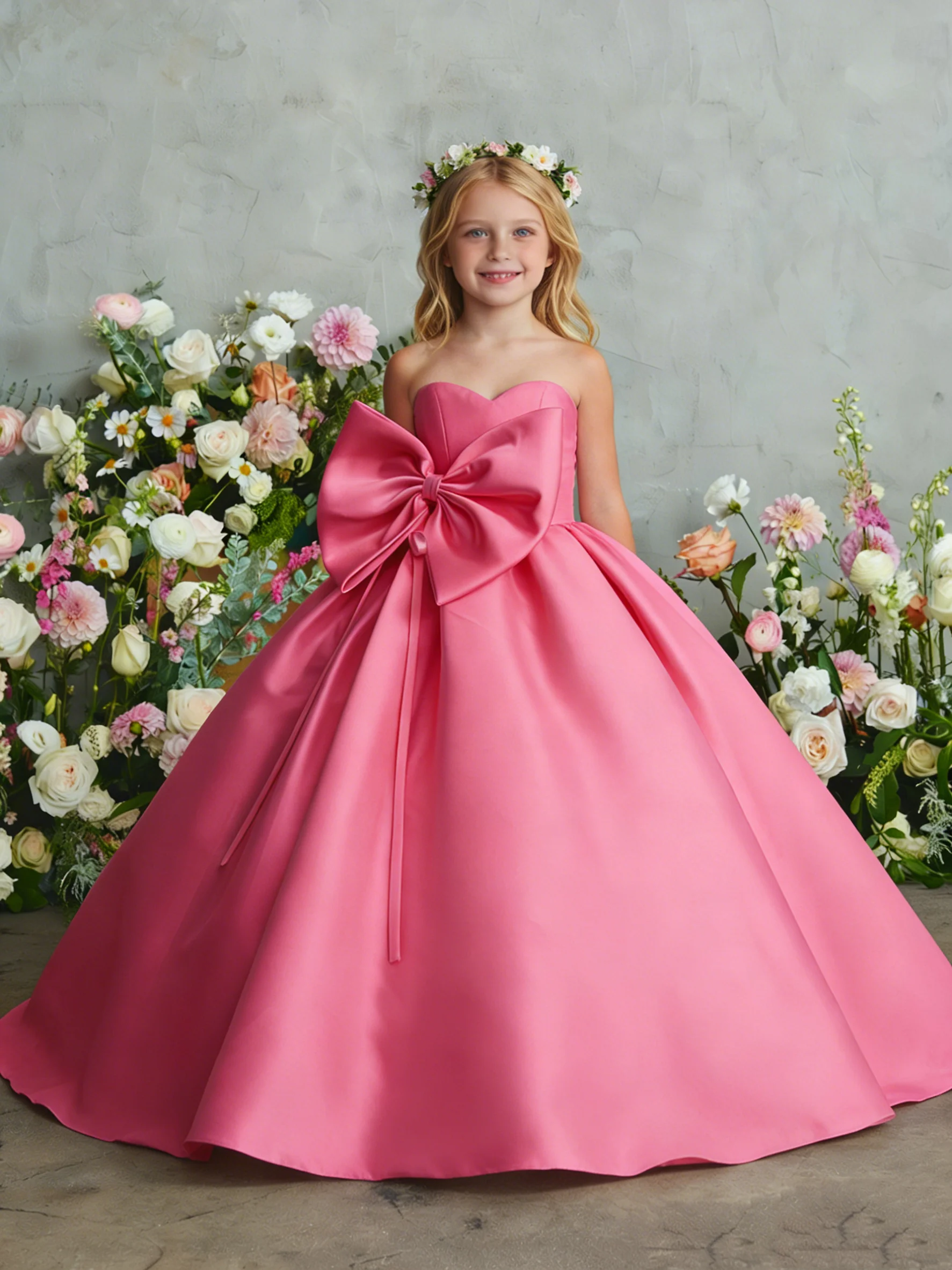 Pink Flower Gierl Dress for Wedding Pearls Beading Tulle Puffy Princess Kids Birthday Party First Communion Ball Gown Customized
