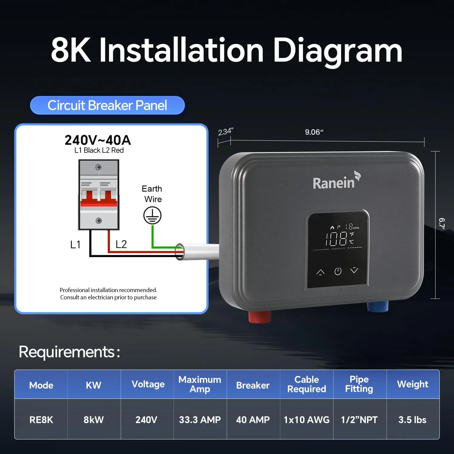 8kW Tankless Electric Water Heater, 240V on Demand Instant Endless Thermostatic Water Heater with LED Temperature Display for Ba
