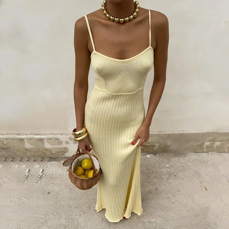 

Ticketsx Knit Backless Long Dress Women's Sleeveless Spaghetti Strap Sling Dress Female Sexy Holiday Party Slim Elastic Dresses