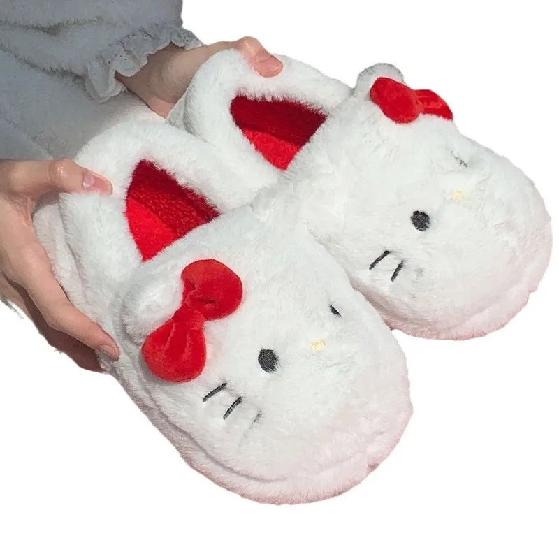 Fashion Sanrio Hello Kitty Plush Slipper Cartoon Kt Cat Warm Winter Indoor Slippers Flat Casual Non-Slip Girls Home Shoes Gift ﻿