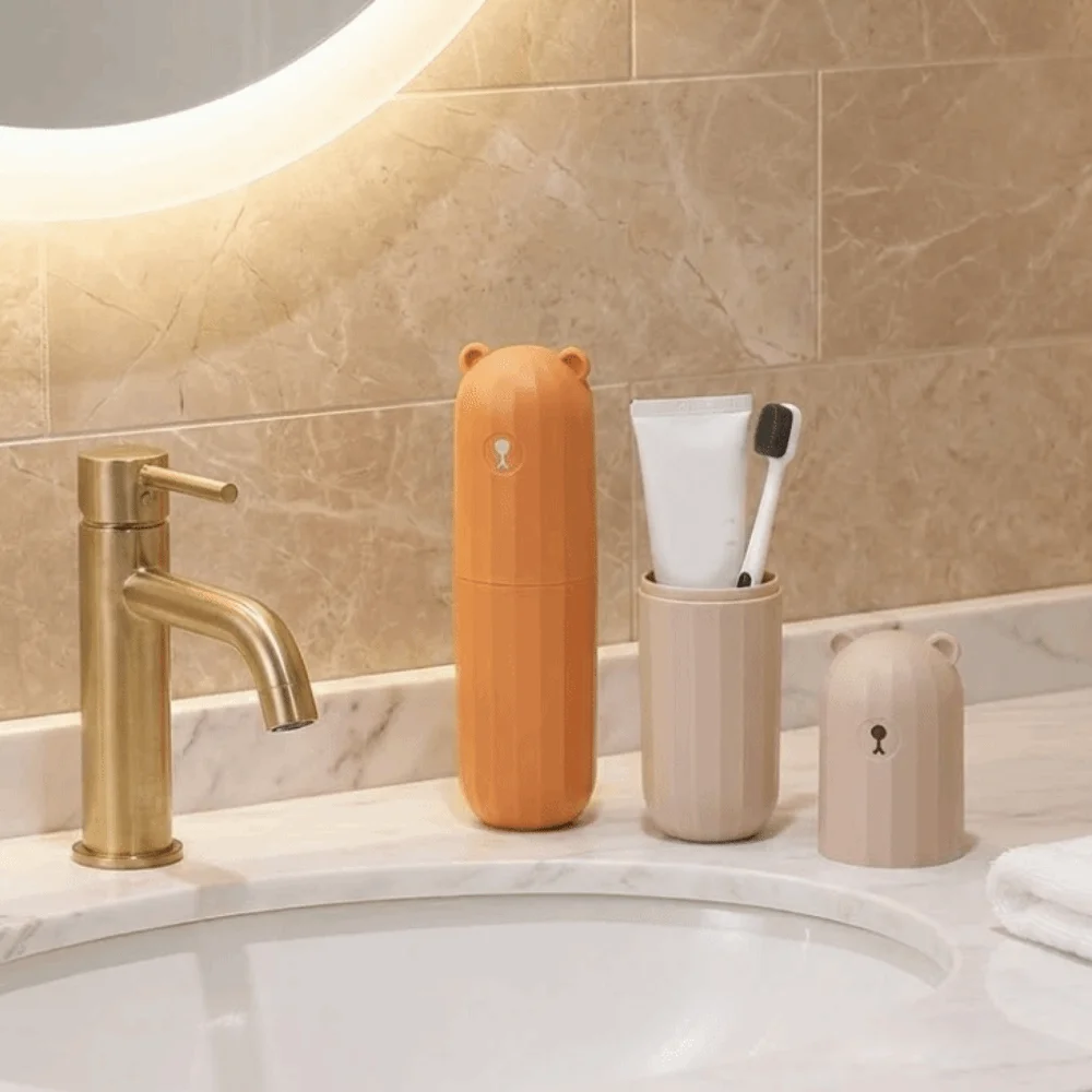 Plastic Travel Toothbrush Cup Cartoon Bear Waterproof Toothpaste Toothbrush Storage Box Dust-proof Large Capacity