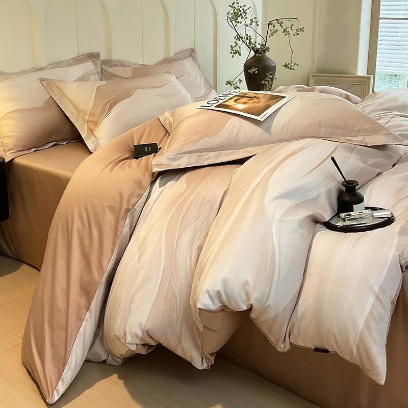 100% Cotton Bedding Set Brushed Marble Texture Duvet Cover Flowers Leaf Sheet Set Red Blue Sheet King Queen for Bedroom Decor