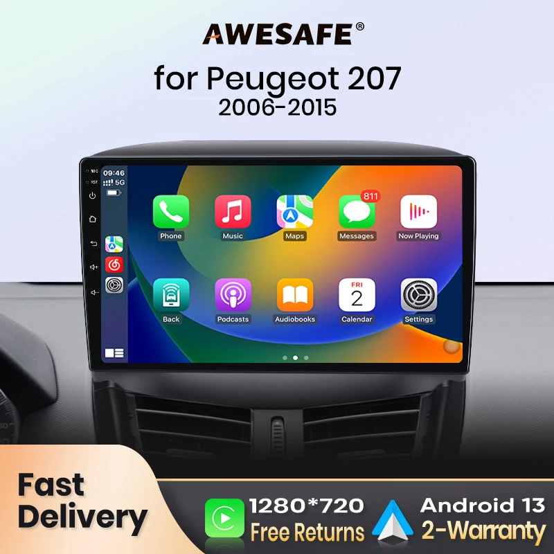 AWESAFE PX9 Autoradio Autoradio pour PEUGEOT 207 207CC 2006-2015 écran Carplay sans fil Android Auto stéréo GPS Navi FM RDS BT
