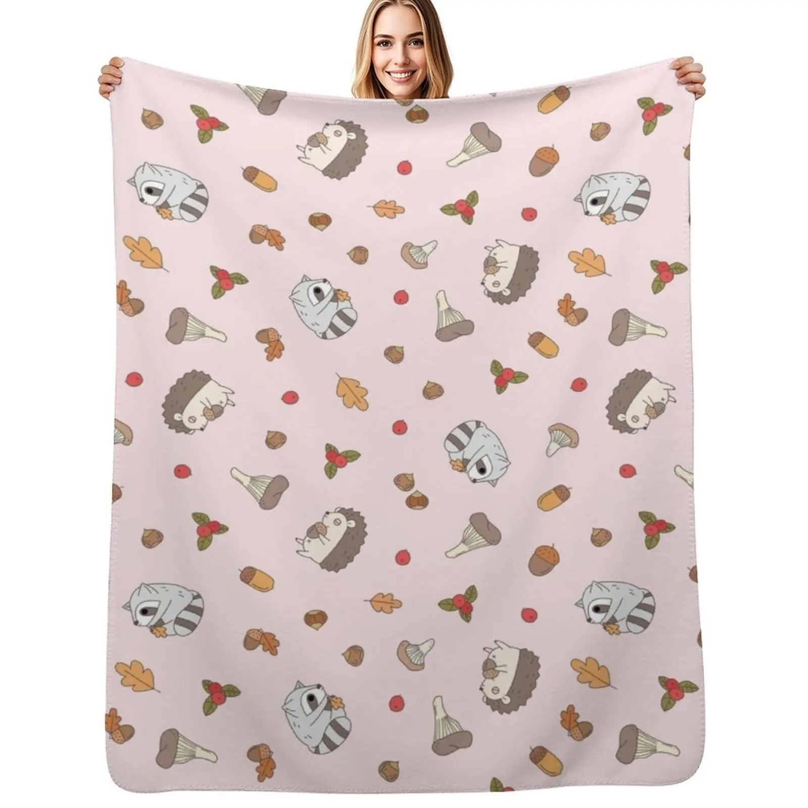woodland animals pattern, hedgehog and raccoon pattern Throw Blanket Quilt Sofas Giant Sofa Warm Blankets