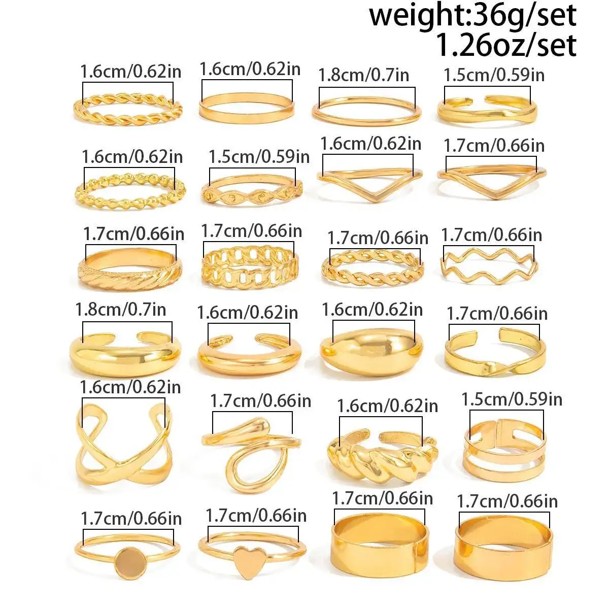 SHIXIN 24 قطعة/المجموعة العصرية غير النظامية الهندسة المفتوحة خواتم للنساء الشرير معدن الذهب اللون قابل للتعديل المفصل الدائري مجموعة مجوهرات الحفلات