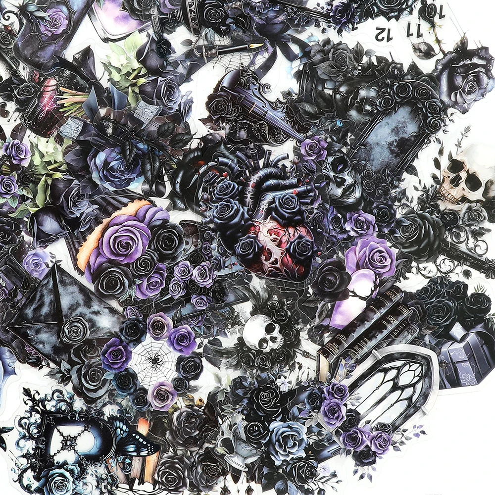 10/30/50pcs Cool Black Transparent Gothic Rose Aesthetic Stickers Album Label Laptop Phone Decoration Sticker for Kids Toy Gift