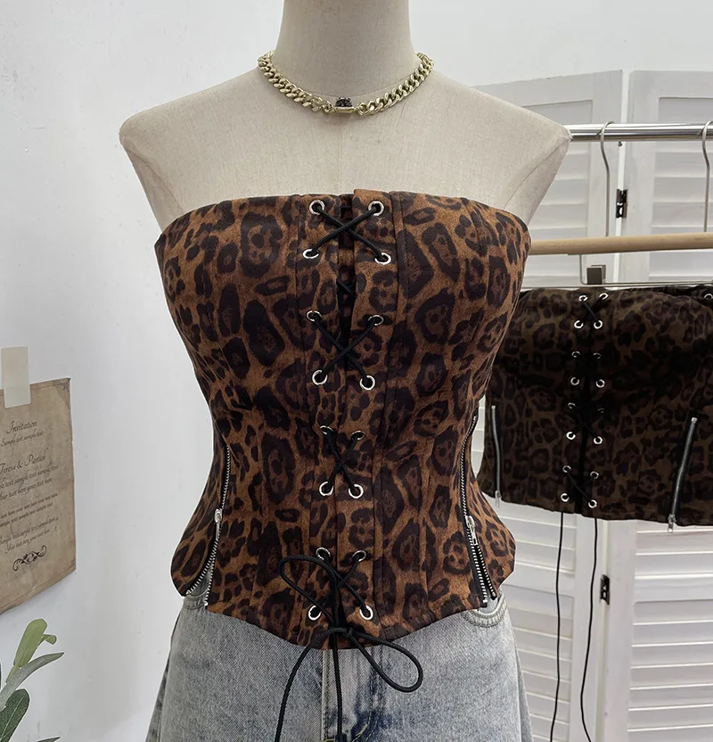 Sexy Leopard Print Lace-up Strapless Zipper Split-fork Tube Top with Chest Strip Short Slim-fit Vest Y2k Top