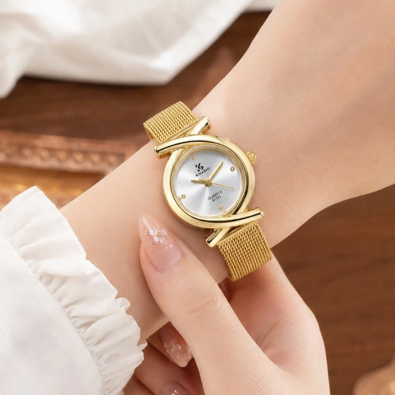 Luxury Brand Golden Mesh Strap Ladies Watch Fashion Twist Loop Bezel Crystal Dial Quartz Wrist Watches for Woman montre femme