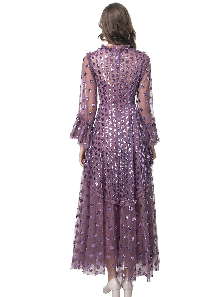 DLDENGHAN ผู้หญิง O-คอ Flare Sleeve เย็บปักถักร้อยตาข่ายสีม่วง Ball Gown ชุดเดรสยาวแฟชั่นฤดูใบไม้ผลิใหม่