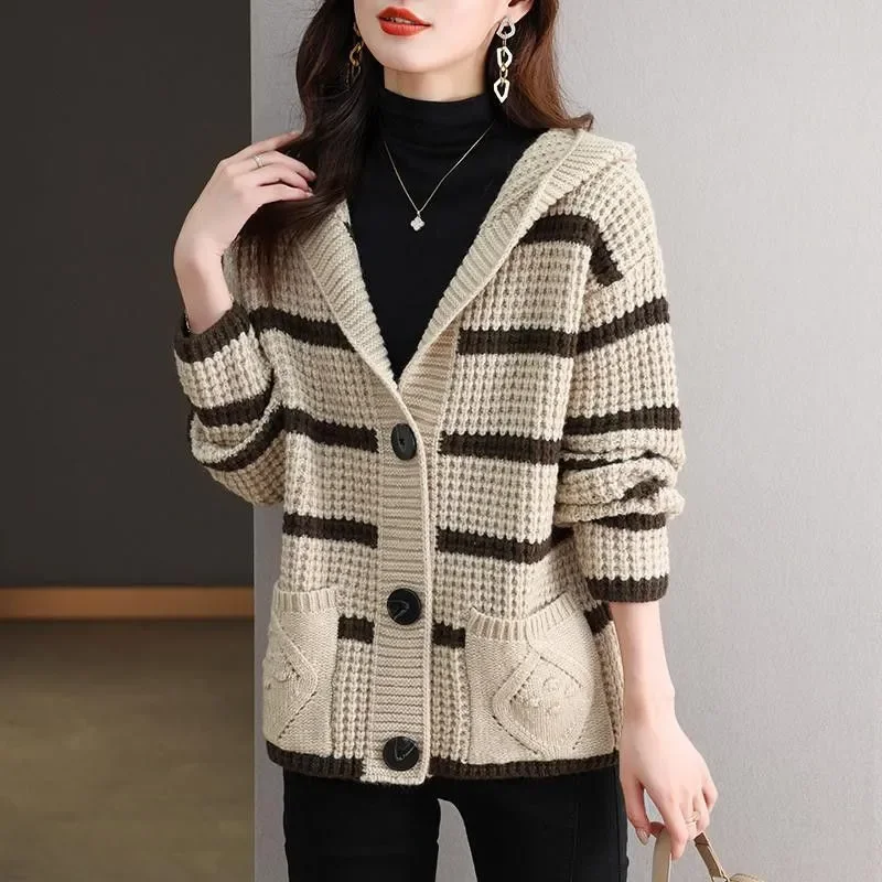 

New Autumn Winter Knitted Cardigan Sweater Women Vintage Fashion Striped Hooded Long Sleeve Knitwear Loose Sweaters Female B1305