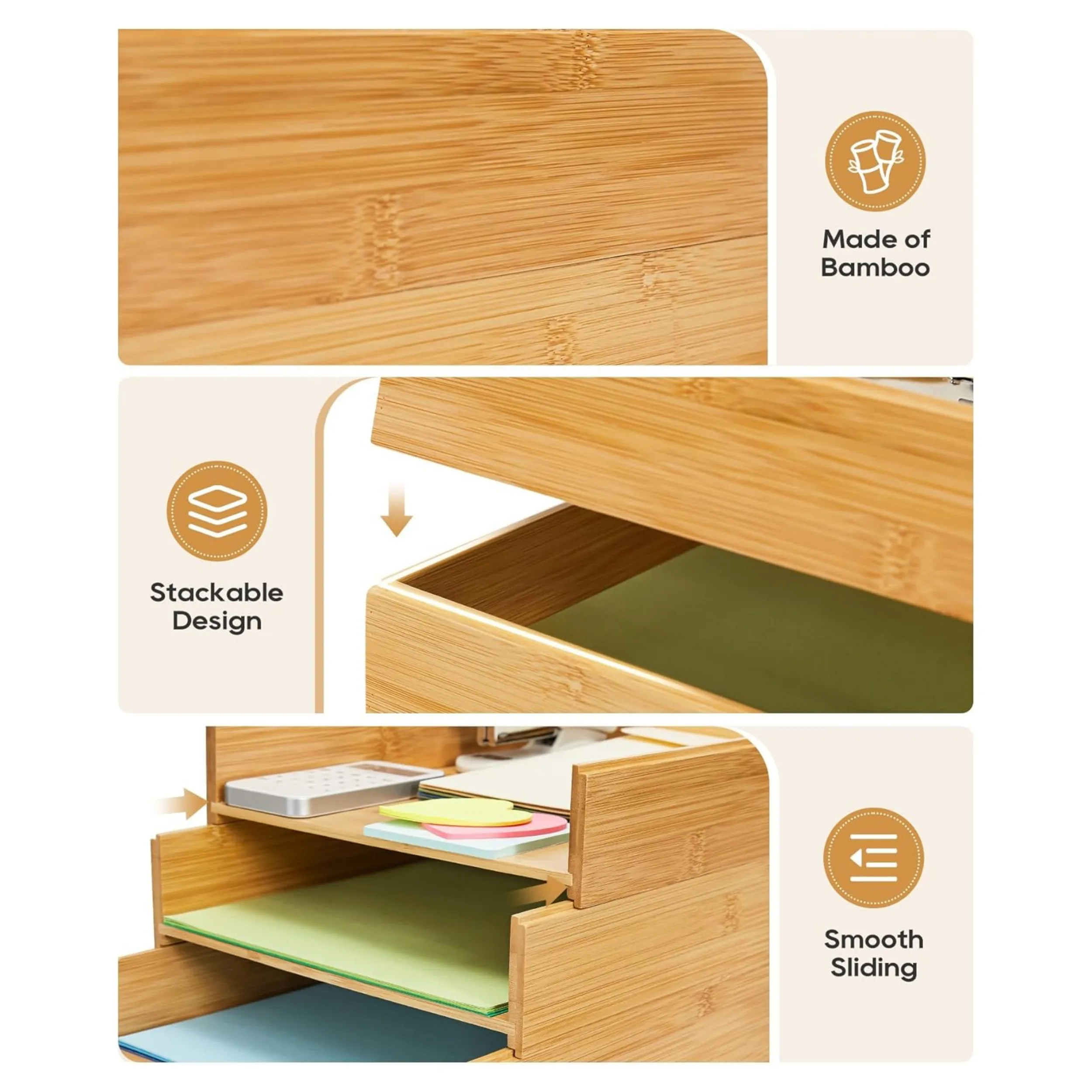 Adjustable Bamboo Desktop File Organizer with 4 Shelves Wooden Tabletop Letter Storage Tray Paper Sorter Holder