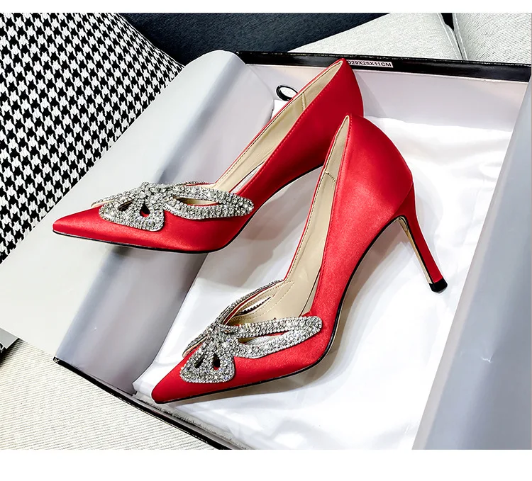 

New pointed toe high-heeled stiletto shoes butterfly wedding shoes women's crystal dinner women's shoes red sexy shoes