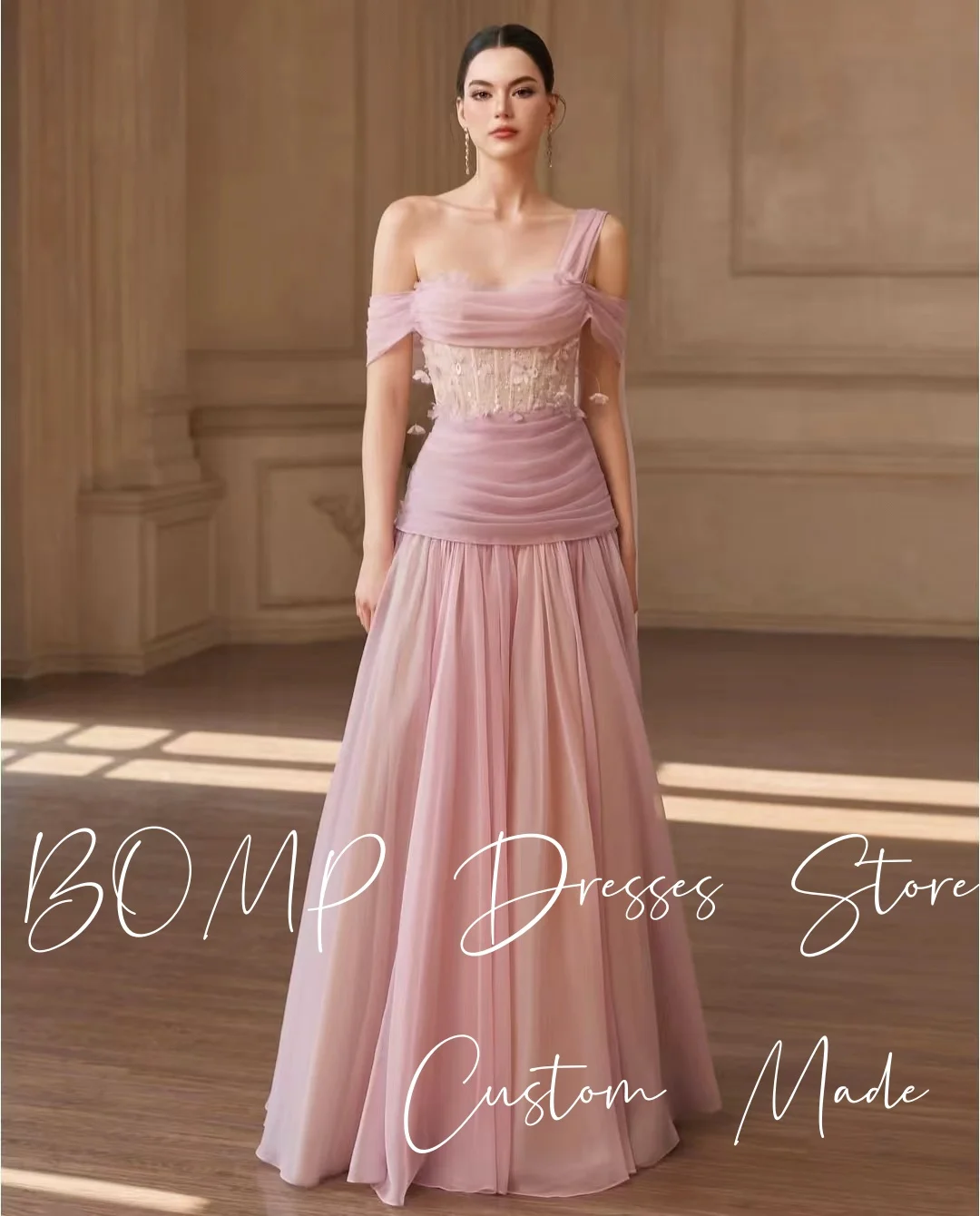 BOMP فستان رائع لحفلات الزفاف باللون الوردي للأطفال بدون أكتاف سترة طويلة مزين بثنيات من التل ثوب مسائي مخصص رداء De Mariée