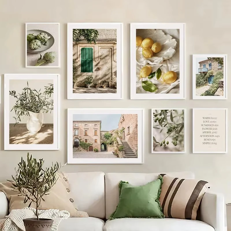 1pc Frameless Sunshine Olive Tree Branches Leaves Architecture Coffee Lemon Posters Prints Canvas Painting Nordic Wall Art Livin