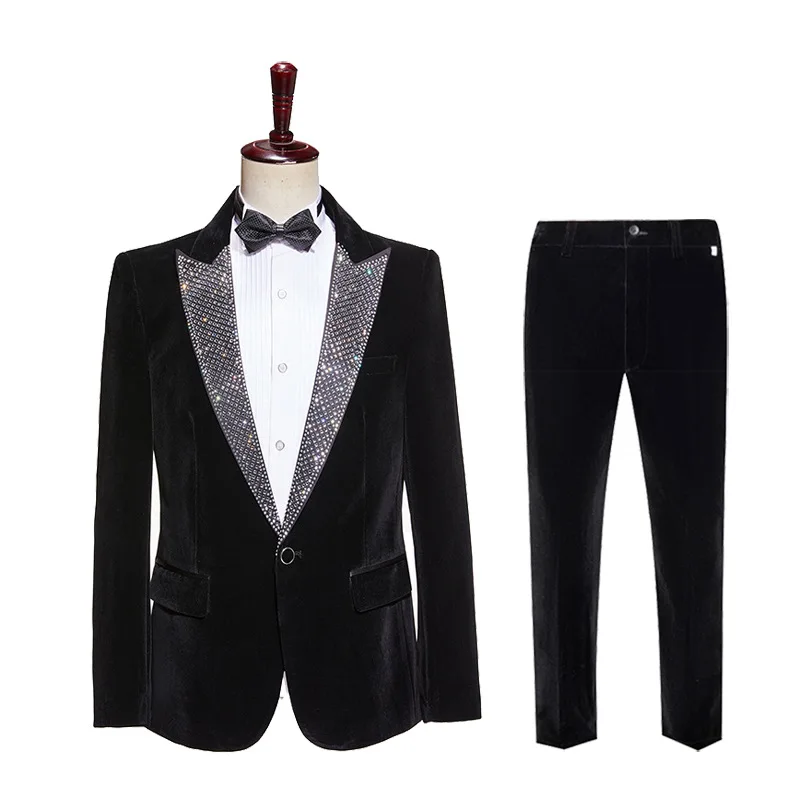 Men\'s Black Velvet Suit Wedding Banquet Evening Party Host Tuxedo Suits Rhinestones Lapel Collar Blazer Pants 2 Piece Set