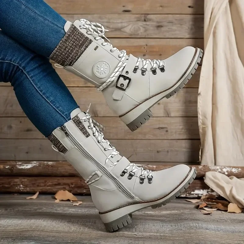 Women\'s Winter Side-pull Lace-up Knitted Mid-tube Boots Low-heeled Round-toe Boots High-quality Winter Warm Boots Botas De Mujer
