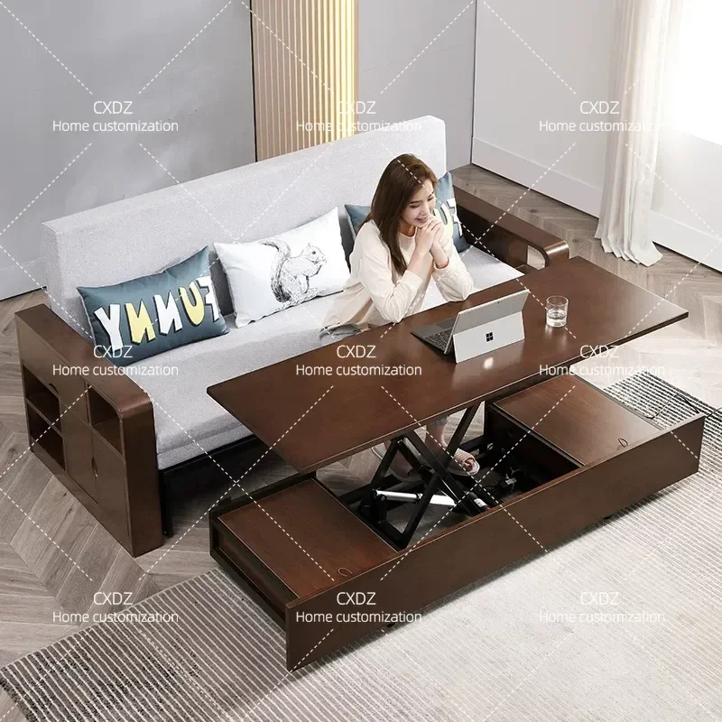 Solid Wood Sofa Bed Foldable Multifunctional Dual Purpose Double Living Room Small Apartment Storage Push Pull Couch