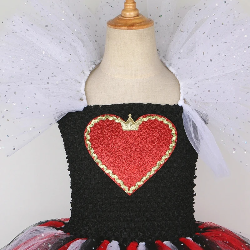 Queen of Heart Tutu Costume Black Glitter Dress Red Heart Applique Layered Sparkle Tulle Skirt Crown Heart Wand Party Outfit view 5