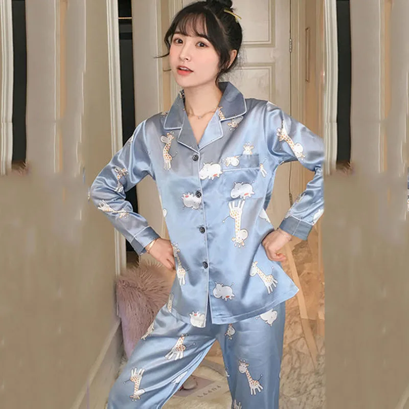 Pajama Women's Spring And Summer Ice Silk Longsleeved Trousers Korean Version Of Spring And Autumn Simulation Silk  Home Clothes