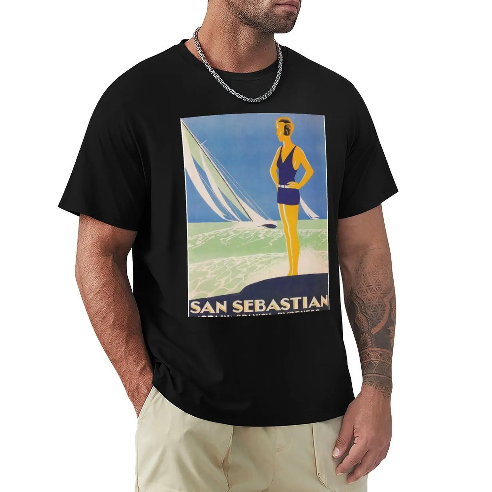

San Sebastian Spain Woman and Sailboat Vintage Travel Poster T-Shirt topping blanks men clothing