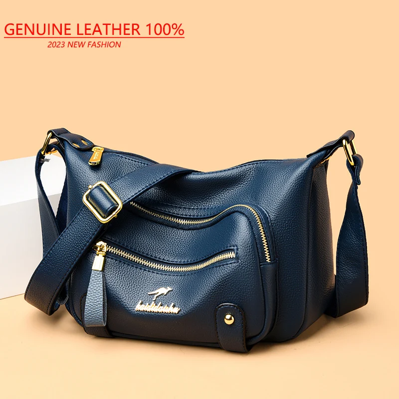 Fashion Solid Color Genuine Leather Women Soft Female Shoulder Bags Cross Bags Brand Designer Wide Shoulder Strap Cowhide Bags