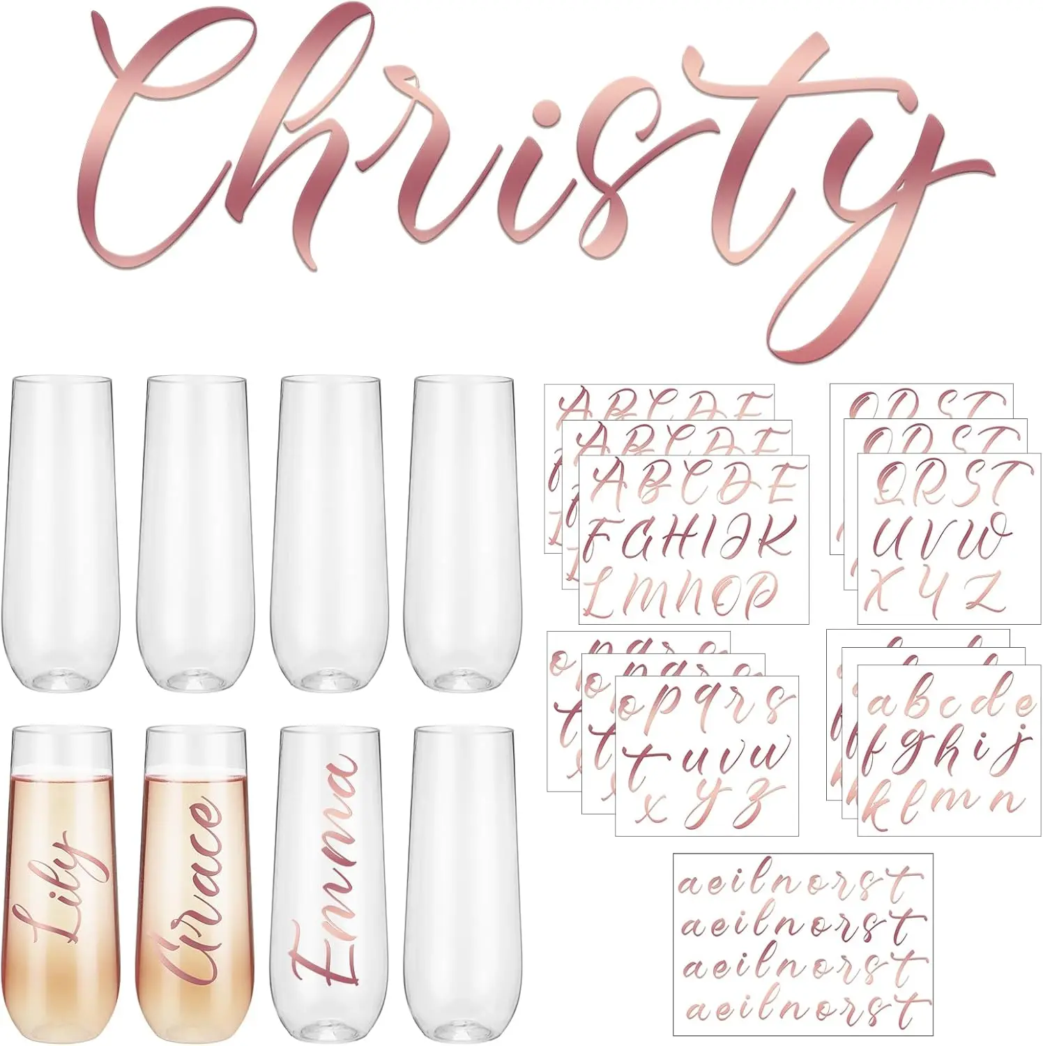 

21-Piece Champagne Flute Set with Stemless Glasses & Transfer Stickers for Bridal Shower, Wedding, Bachelorette Party