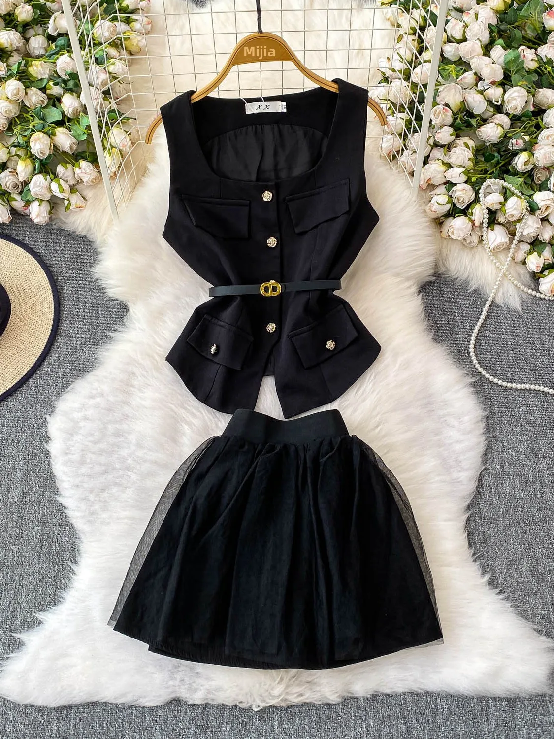 Ele Metal Bule Square Collar Vest Slimming Top plus High Waist Me ort Skirt Set Faionable Two-Piece Women's Ensemble