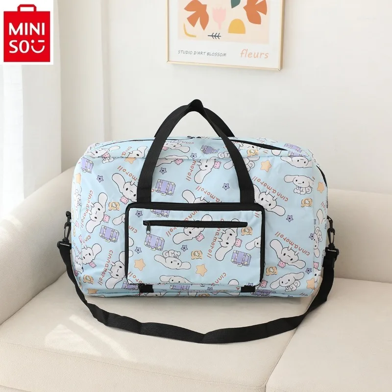 MINISO tas bagasi nyaman dapat dilipat untuk wanita, tas tangan Motif anjing Oxford kualitas tinggi dengan rotasi Hello Kitty Jade Gui