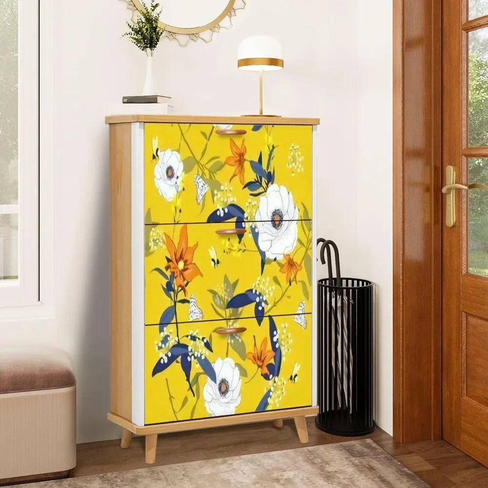 Shoe Storage Cabinet For Entryway Hand Drawn Colorful Blooming Flowers Botanical Floral Leaves Seamless|