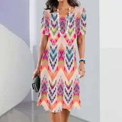 2024 New Ikat Print Dresses Ethnic For Women's Elegant Midi Dresses Summer Female Short Sleeve Dress Fashion Oversized Clothes