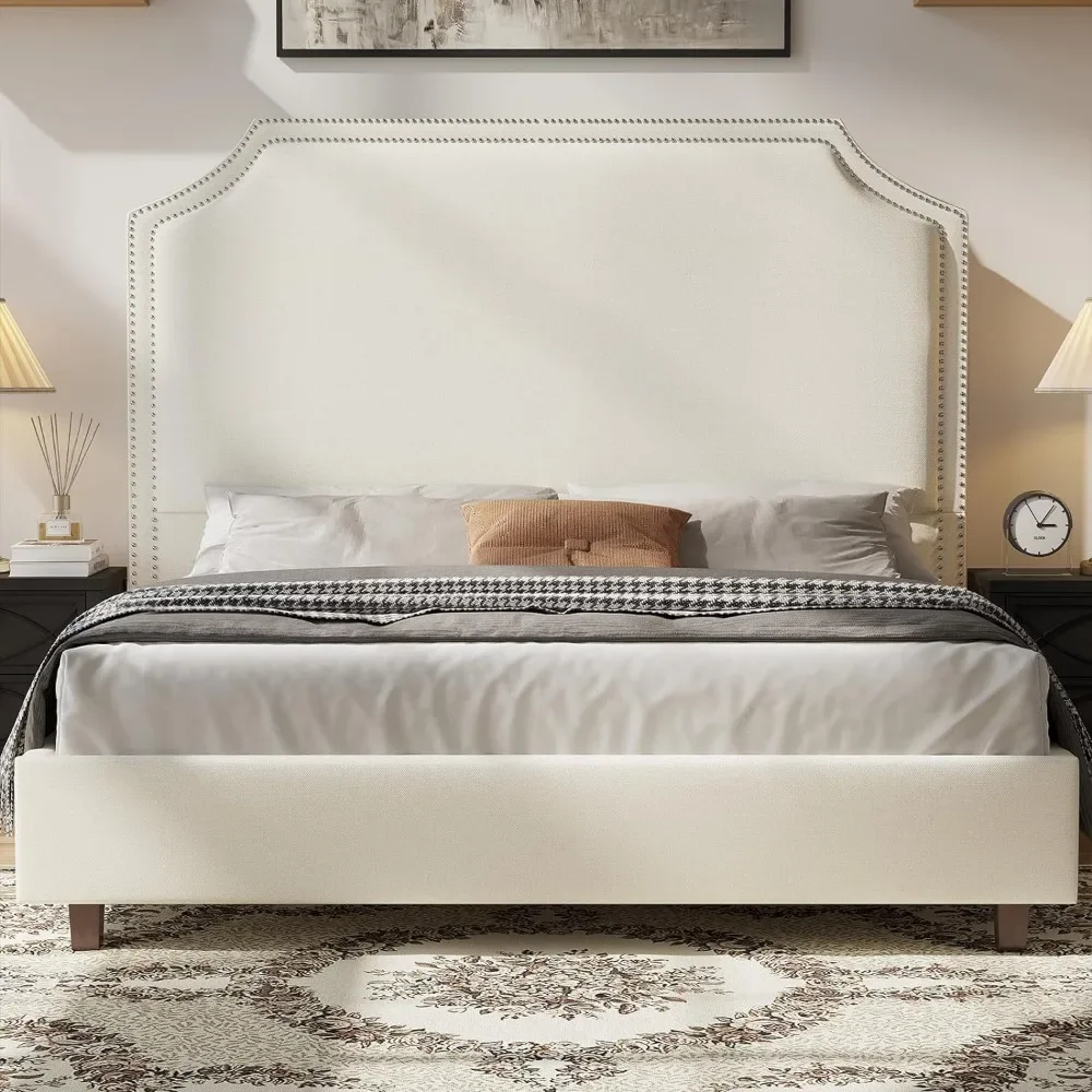 Kingsize Bedframe Gestoffeerd Platformbed Met 54 "Hoofdeinde, Nailhead Bekleding, Geen Boxspring Nodig, Eenvoudig Assemblylm