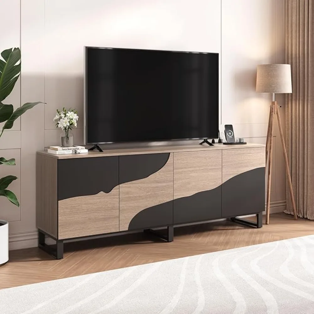 

70" TV Stand with Power Outlet, Black Large TV Stands for 75 Inch TV,Entertainment Center TV Cabinet with Storage and Adjustable