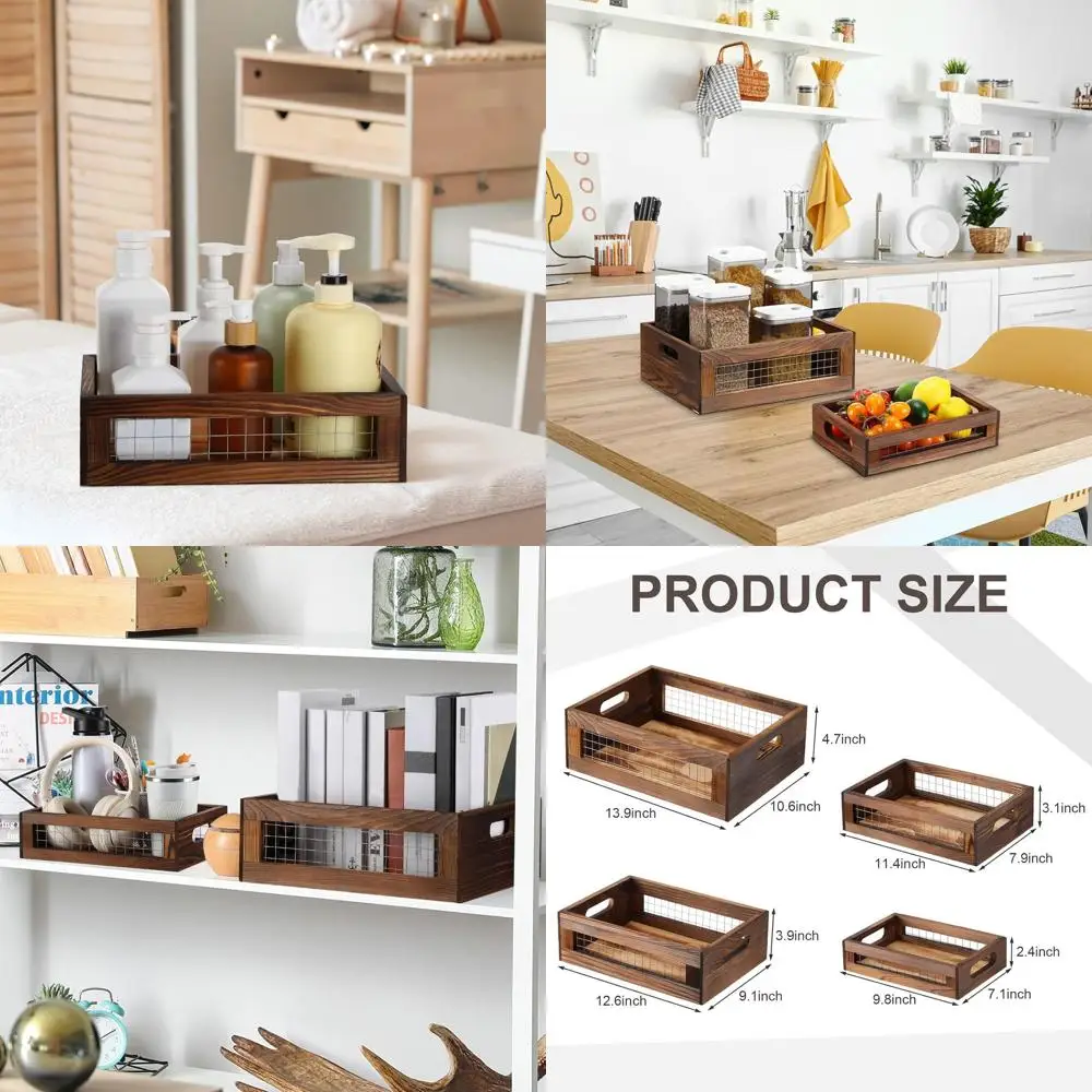 

Набор из 4-х корзин для хранения из орехового дерева с ручками, металлический проволочный каркас, идеально подходит для кухни, фруктов, овощей и ванной комнаты.