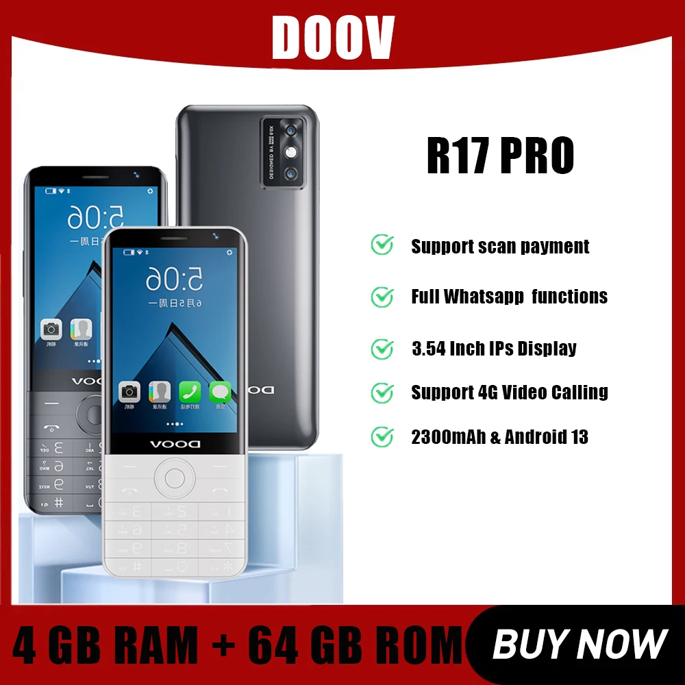 UNIWA DOOV R17 Pro 4G Mobile Phone Smart Touch Screen Whatsapp Android 13 Keypad Phones 3.54'' 4GB 64GB 2300mAh Cellphone