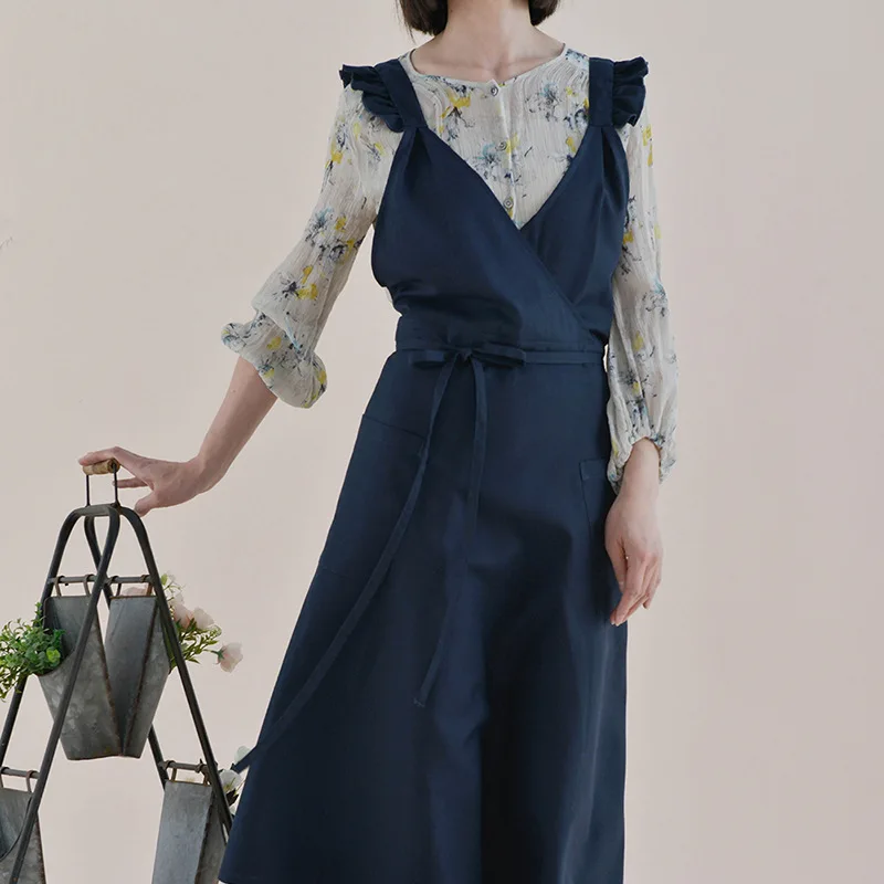 Nordic Florist Apron Cotton Coffee Shops Kitchen Aprons For Women Cooking Baking Restaurant Retro Pinafore Ruffle Sleeves Ladies