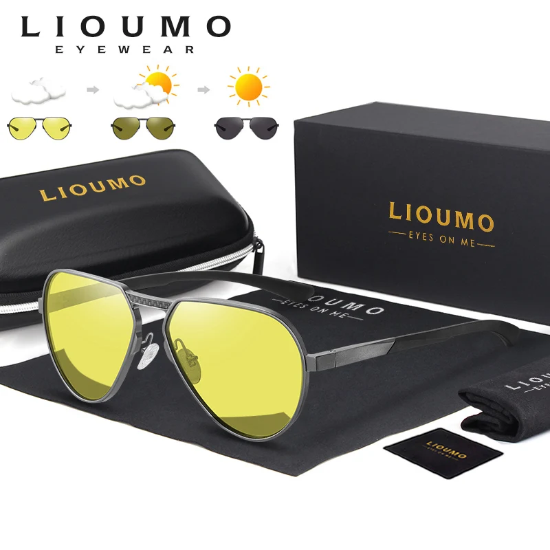 

LIOUMO Aluminum Magnesium Frame Night Vision Driving Yellow Sunglasses Men Photochromic Polarized Glasses Women UV400 zonnebril