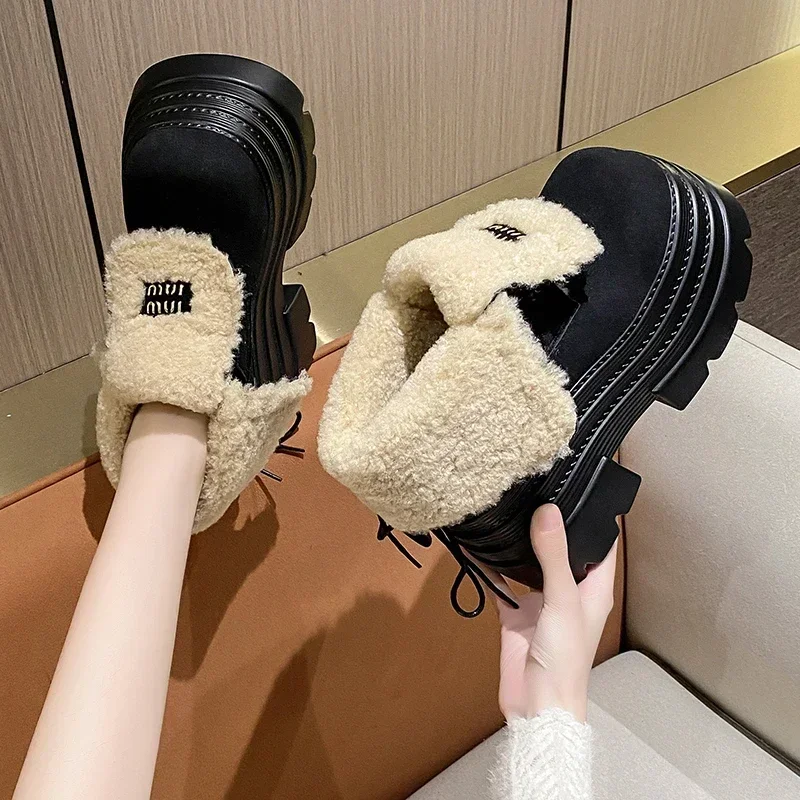 10CM Women Fur Snow Boots Suede High Heels Cotton Shoes Short Plush Casual Platform Ankle Boots Trend Winter Warm Botas De Mujer