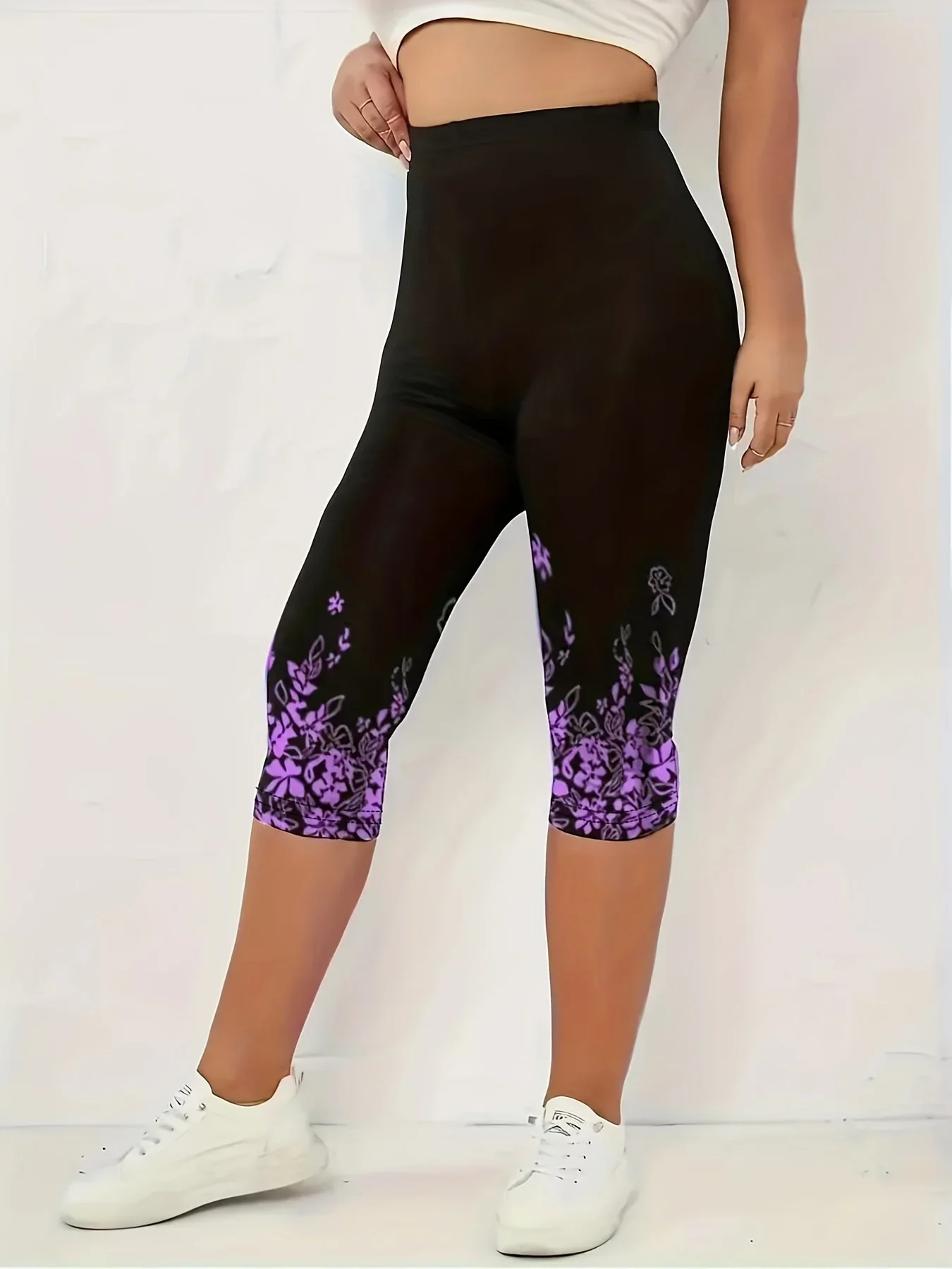 Damski S-XXL Casual Slim Fit legginsy Capri damski z nadrukiem modne kwiatowe na wysoki wzrost lekkim rozciągliwym, obcisłym legginsy Capri