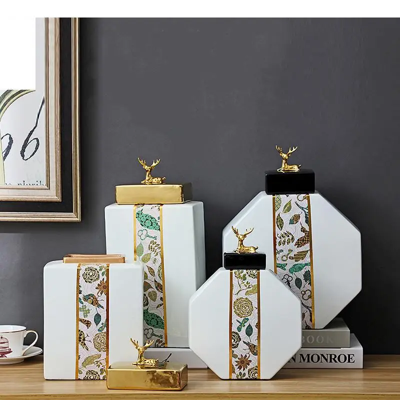 

Chinese Retro Ceramic Storage Jar Golden Deer Cover Square Organization Desktop Crafts Ornaments Home Decoration