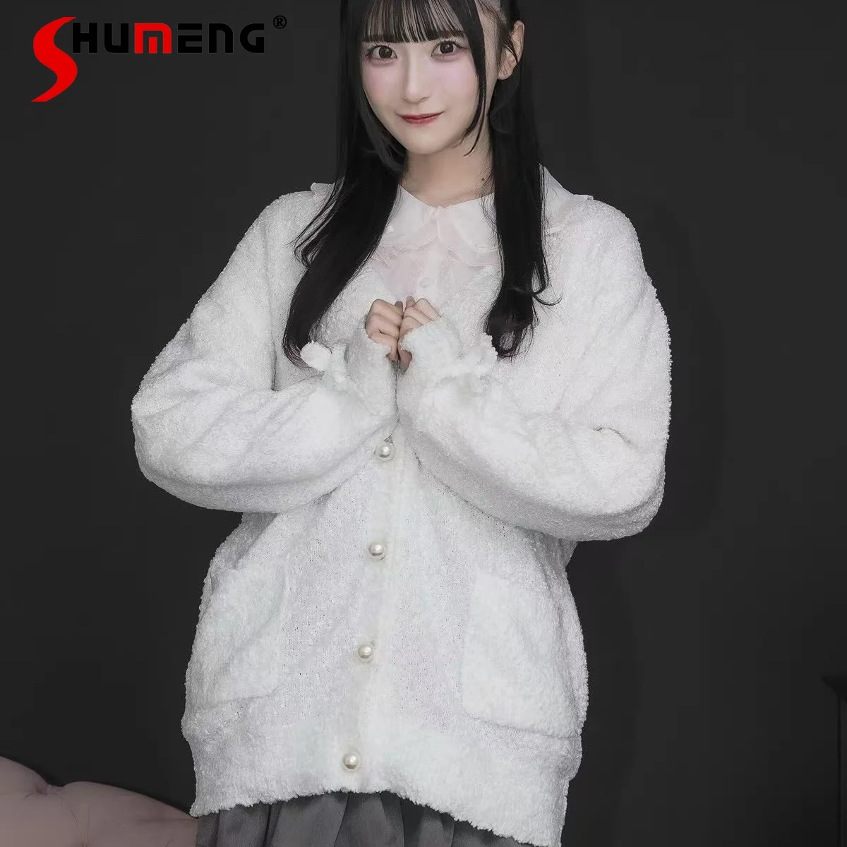 

Japanese Style Elegant Sweet Plush Bow Pearl Button Single-Breasted Loose Versatile Sweater Short Cardigan Top for Women Autumn