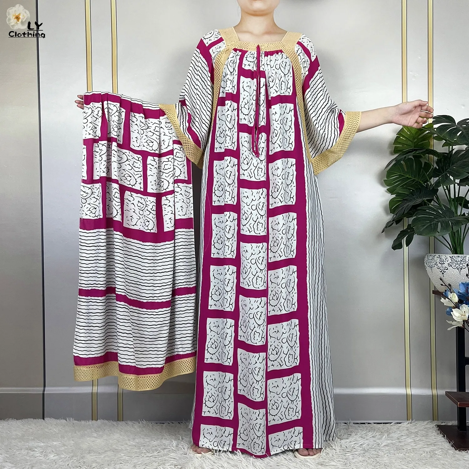 Vestido muçulmano solto com lenço grande para mulheres, manga curta, estampa listra, moda de Dubai, vestimenta islâmica, novo verão, 2023