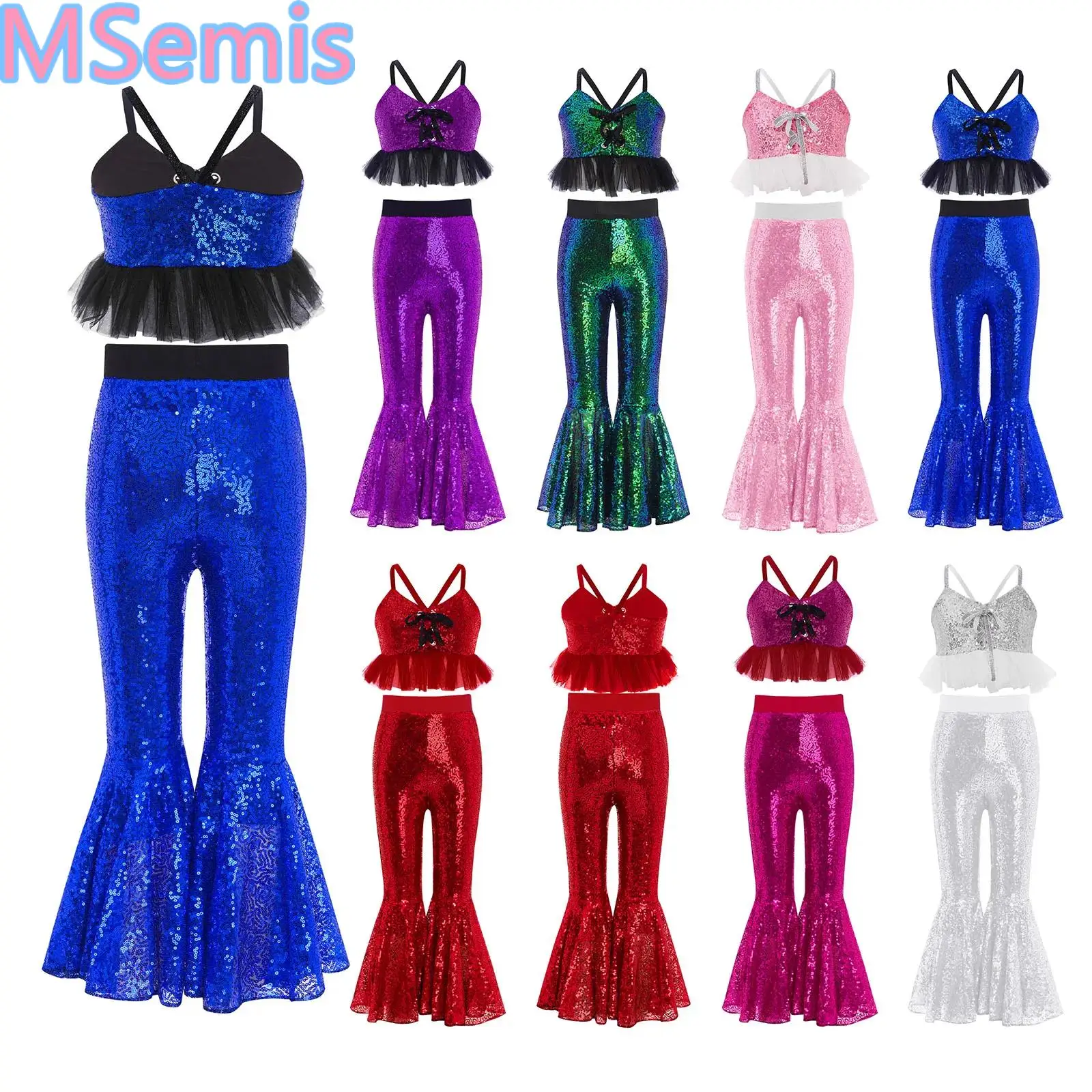 

Kids Girls Glittery Sequins Dance Outfits Spaghetti Straps Tulle Ruffles Camisole with Elastic Waistband Sequined Flared Pants