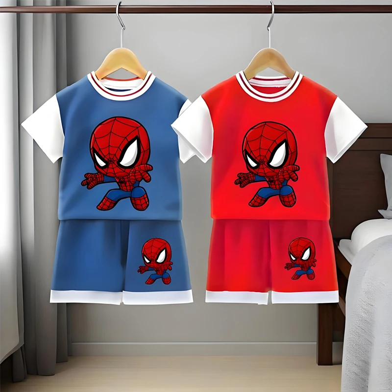 

Disney Summer Breathable Boys Tshirt Sets Anime Spiderman Children's Short Sleeve Top Shorts Two Piece Suit Kids Casual Outfits