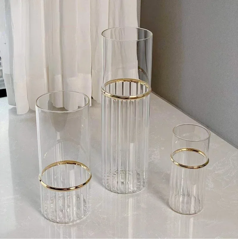 European Striped Glass Vase Bottle Simple Cylindrical Hydroponic Flower Vase Flower Arrangement Dining Table Living Room Decor