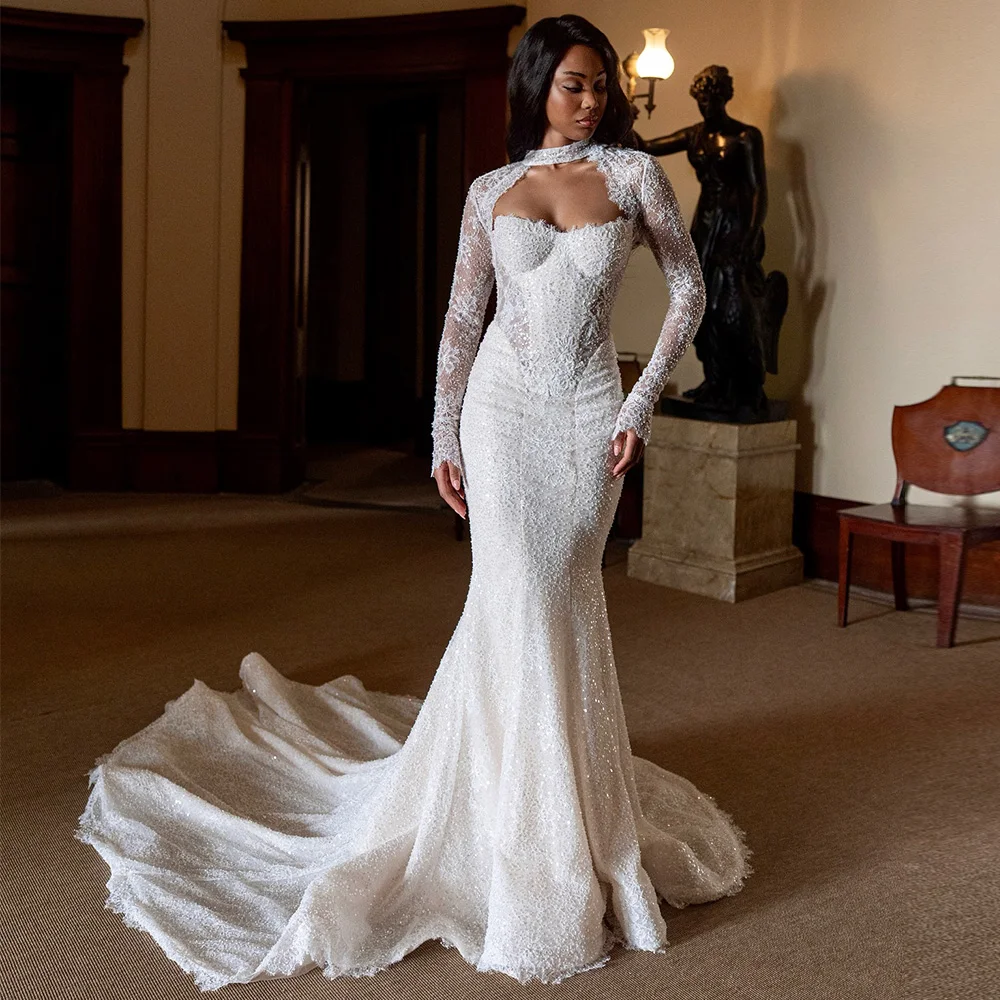 

Temperament Long Sleeves O-Neck Customized Bridal Gowns Classic Appliques Lace Vestido De Novia Dreamy Mermaid Robe de mariée