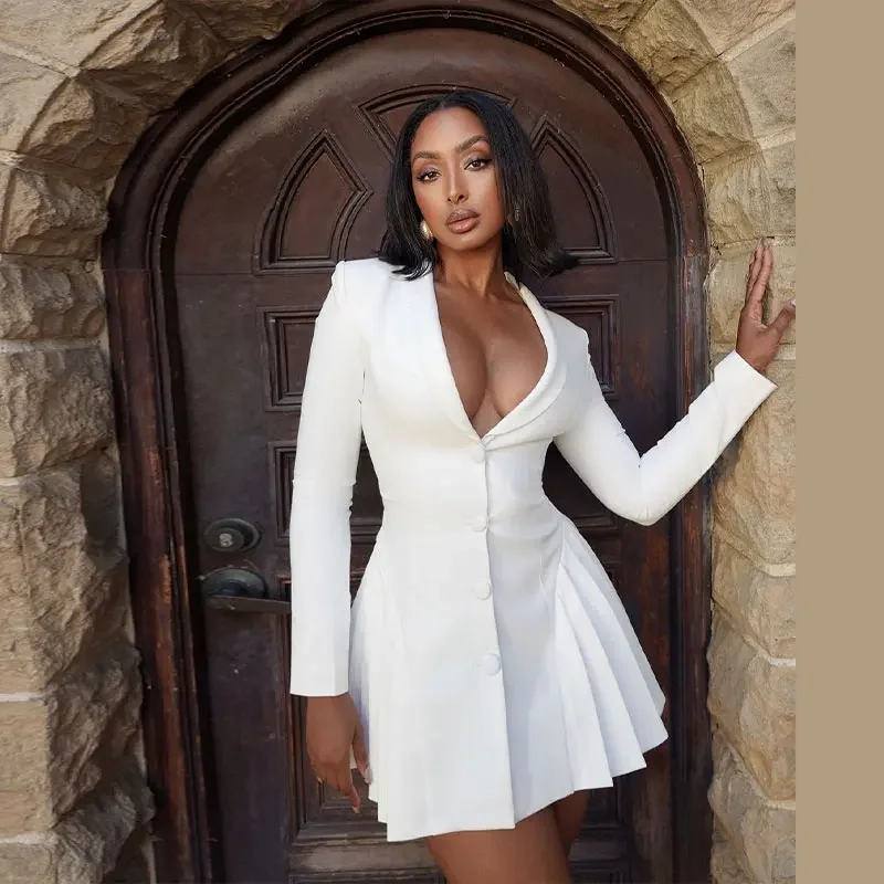 Women Elegant White Single-breasted Pleated Mini Dress Fashion Deep V-neck Long Sleeved A-line Dressses 2024 New Lady Streetwear